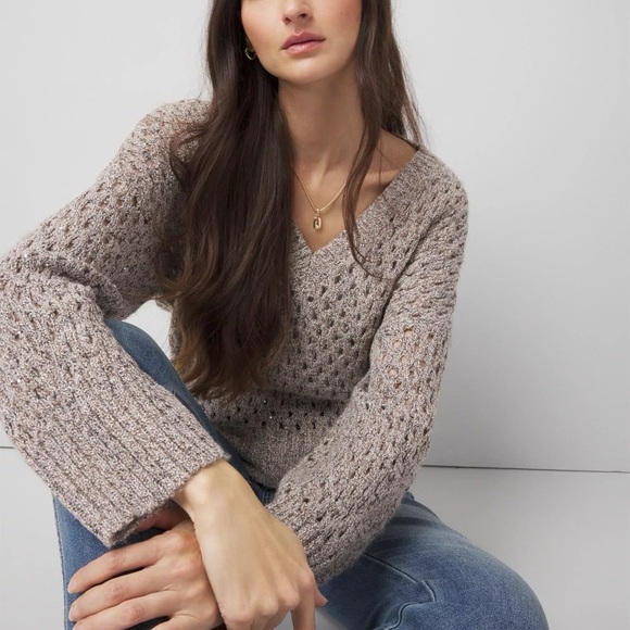 White House Black Market V-Neck Open Stich Sequin Sweater - Neutral Size Medium - Picture 4 of 10
